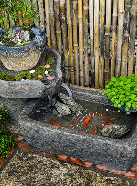 户外假山流水喷泉石槽造景摆件日式庭院水池景观阳台小院石磨鱼池