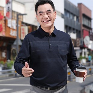 经典 爸爸秋装 百搭 T恤男 上衣条纹带口袋老头衫 翻领中老年长袖