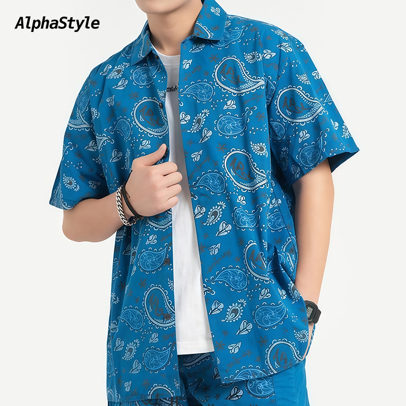 AlphaStyle夏季腰果印花衬衫T恤