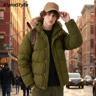 Alphastyle时尚厚款可拆卸连帽毛领鹅绒羽绒服外套保暖舒适男女款