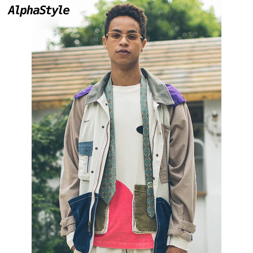 AlphaStyle秋拼色中长款外套夹克