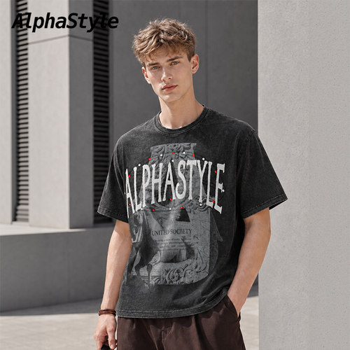 AlphaStyle美式街头风印花短袖T恤男做旧宽松纯棉上衣