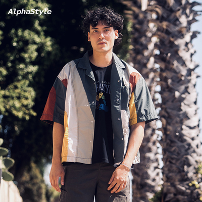 AlphaStyle夏季拼接短袖衬衫T恤