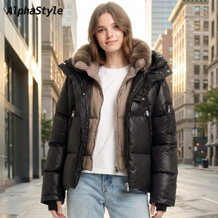 Alphastyle厚款双层连帽毛领可拆卸保暖羽绒服鹅绒外套防风男女款