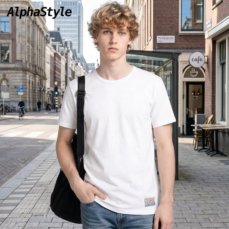 ALPHASTYLE时尚纯棉休闲简约短袖男女款夏季透气男士短袖t恤