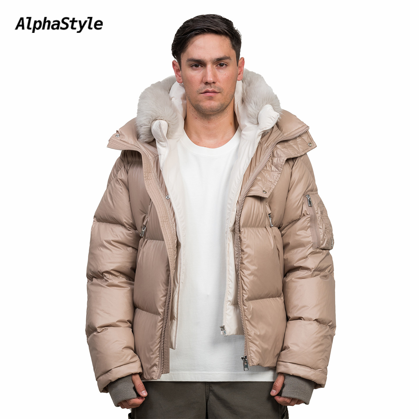 双层连帽毛领可拆卸保暖羽绒服