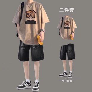 水洗短袖套装男夏季潮流穿搭t恤帅气男装一套破洞牛仔短裤两件套