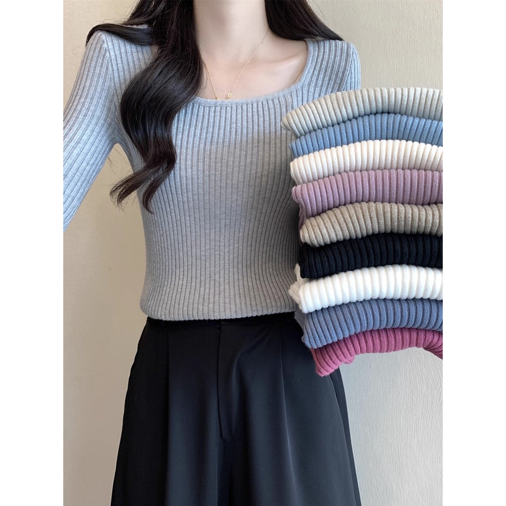 秋冬季新款方领修身紧身长袖打底针织衫上衣毛衣女内搭