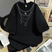 宽松潮流休闲情侣上衣 男女夏季 2026潮牌字母项链印花短袖 T恤美式