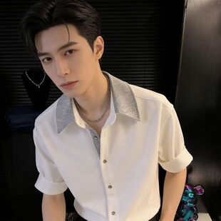 撞色商务T恤潮流休闲男ins帅气男模衬衫 夏季 短袖 高级拼接衬衫 男装