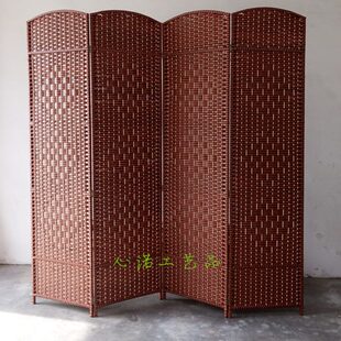 手工实木折叠草编屏风隔断时尚 中式 酒店玄关客厅卧室移动折屏简约