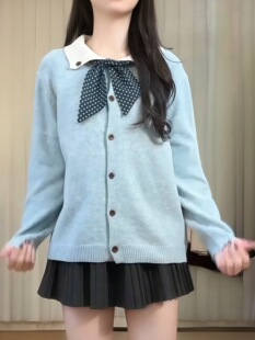 大码胖mm秋冬新款学院风撞色系带翻领针织开衫宽松显瘦长袖上衣女