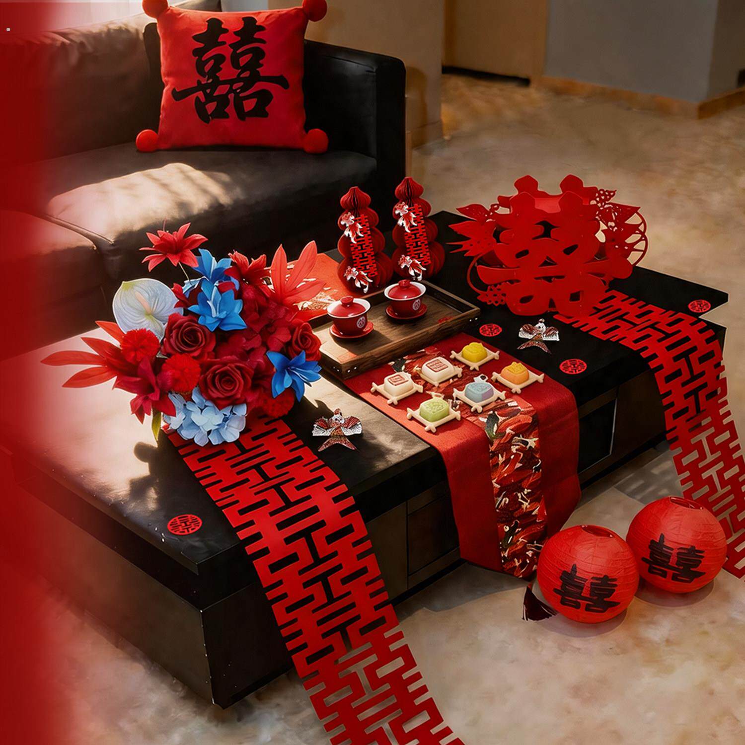 茶几婚房装饰结婚布置立体喜字摆件客厅摆盘订婚婚礼专用用品