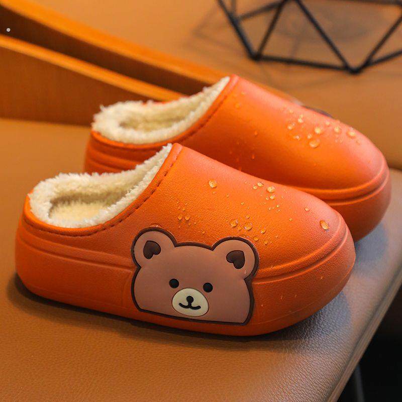 儿童棉拖鞋2025新款女童男童带后跟防水防滑厚底加绒秋冬皮面棉鞋