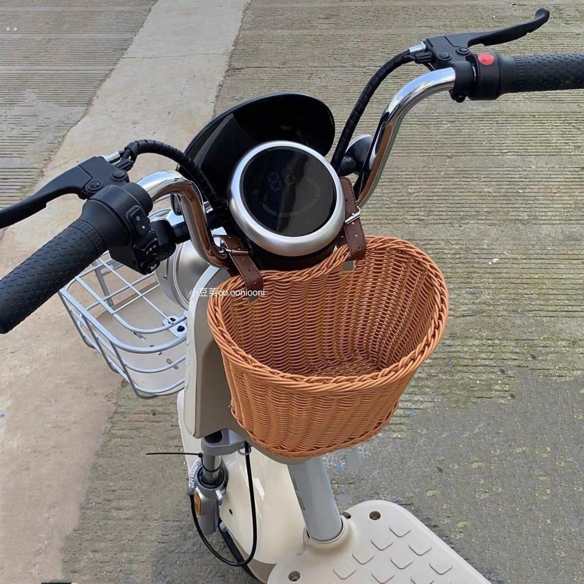 手工编织电动车前置车篮大容量储物车筐滑板车自行车收纳筐可拆卸