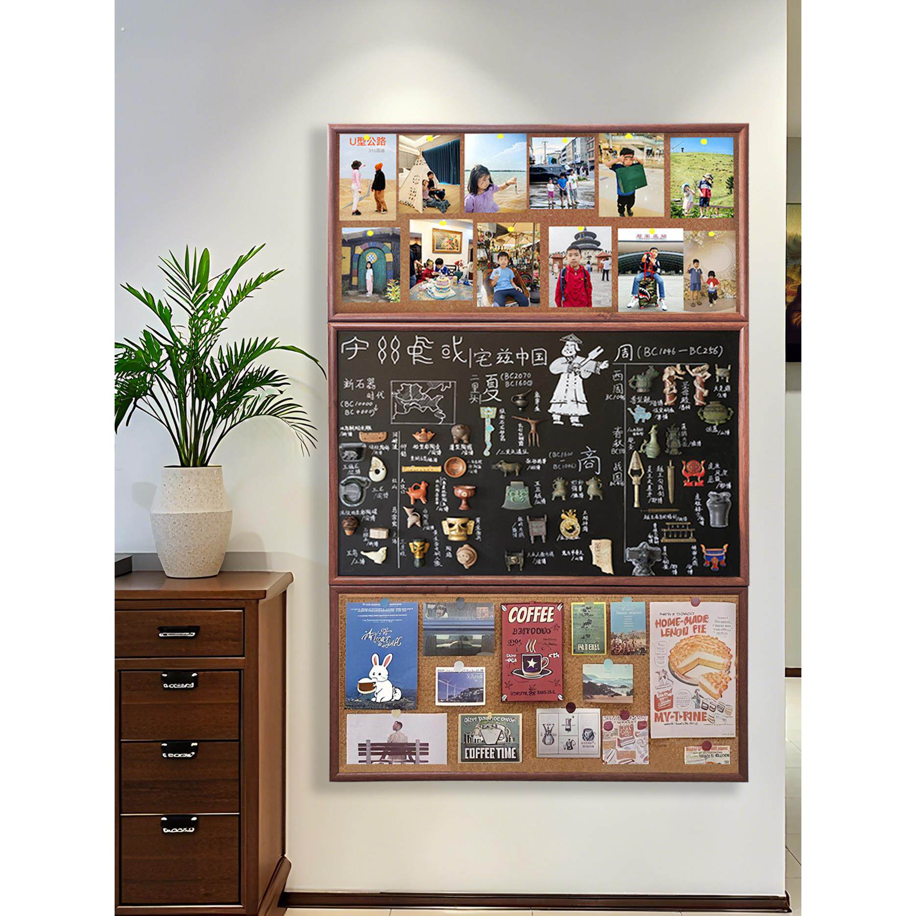 磁吸三拼软木板加黑板文创挂墙式冰箱贴展示板家用创意可擦