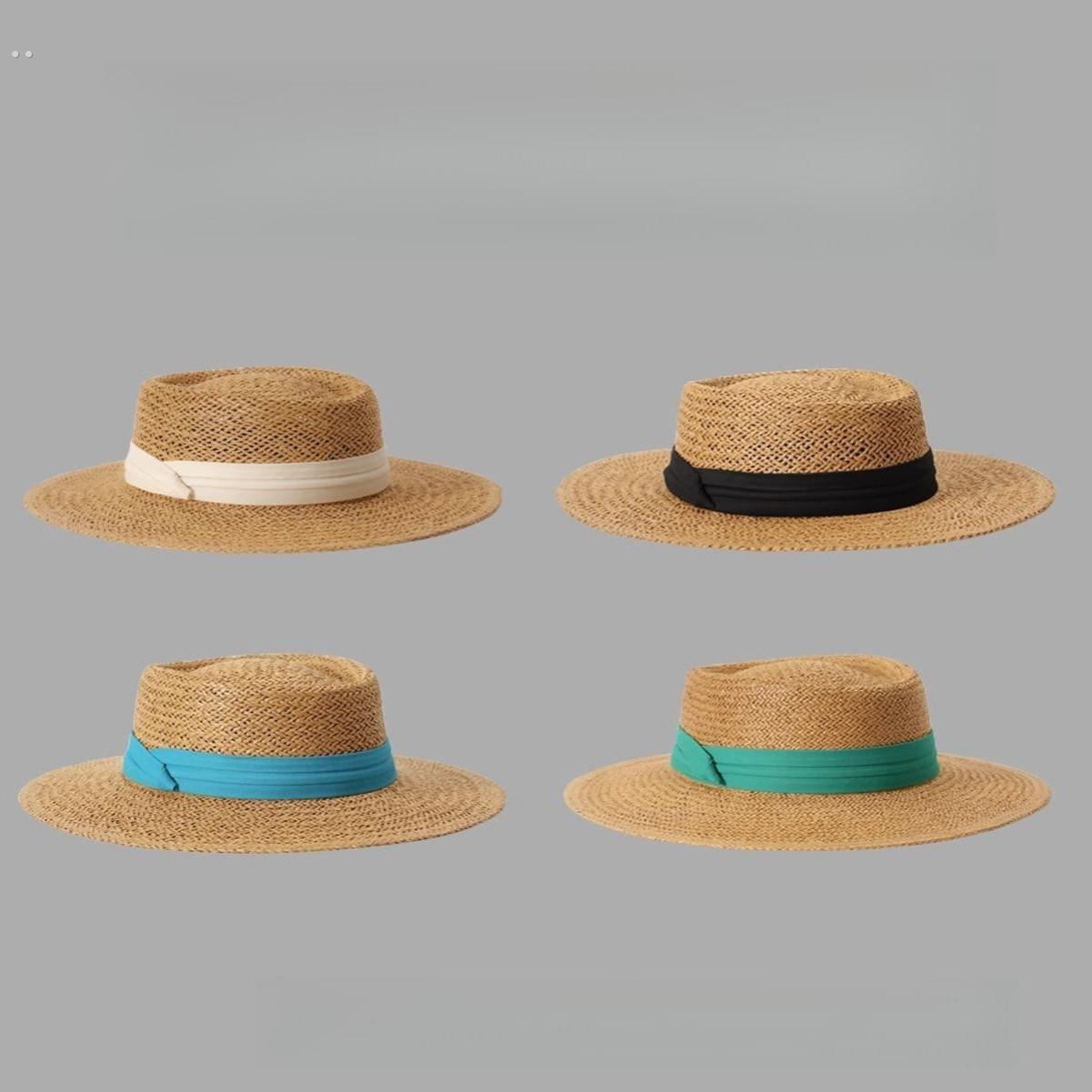 大头围草帽名媛平顶礼帽女款2025新款夏季法式防晒帽草编遮阳帽子