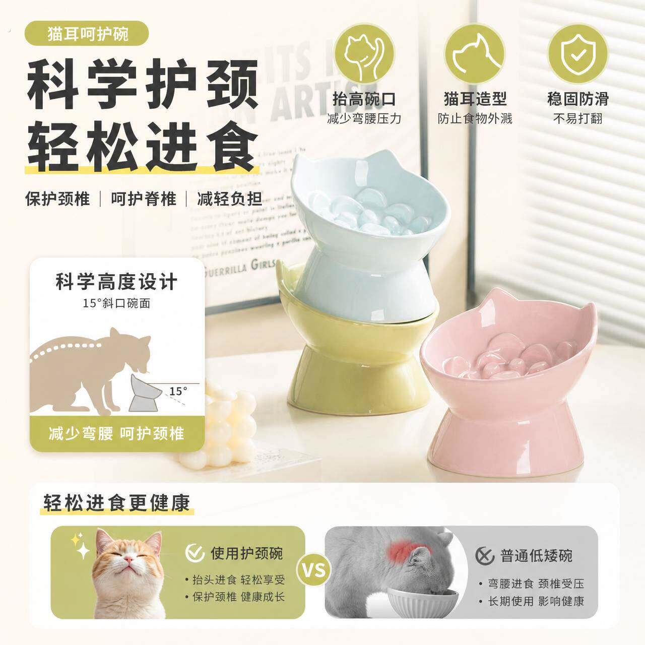 陶瓷慢食碗猫狗食盆宠物专用品斜口吃粮饭防噎中小型犬防打翻高脚