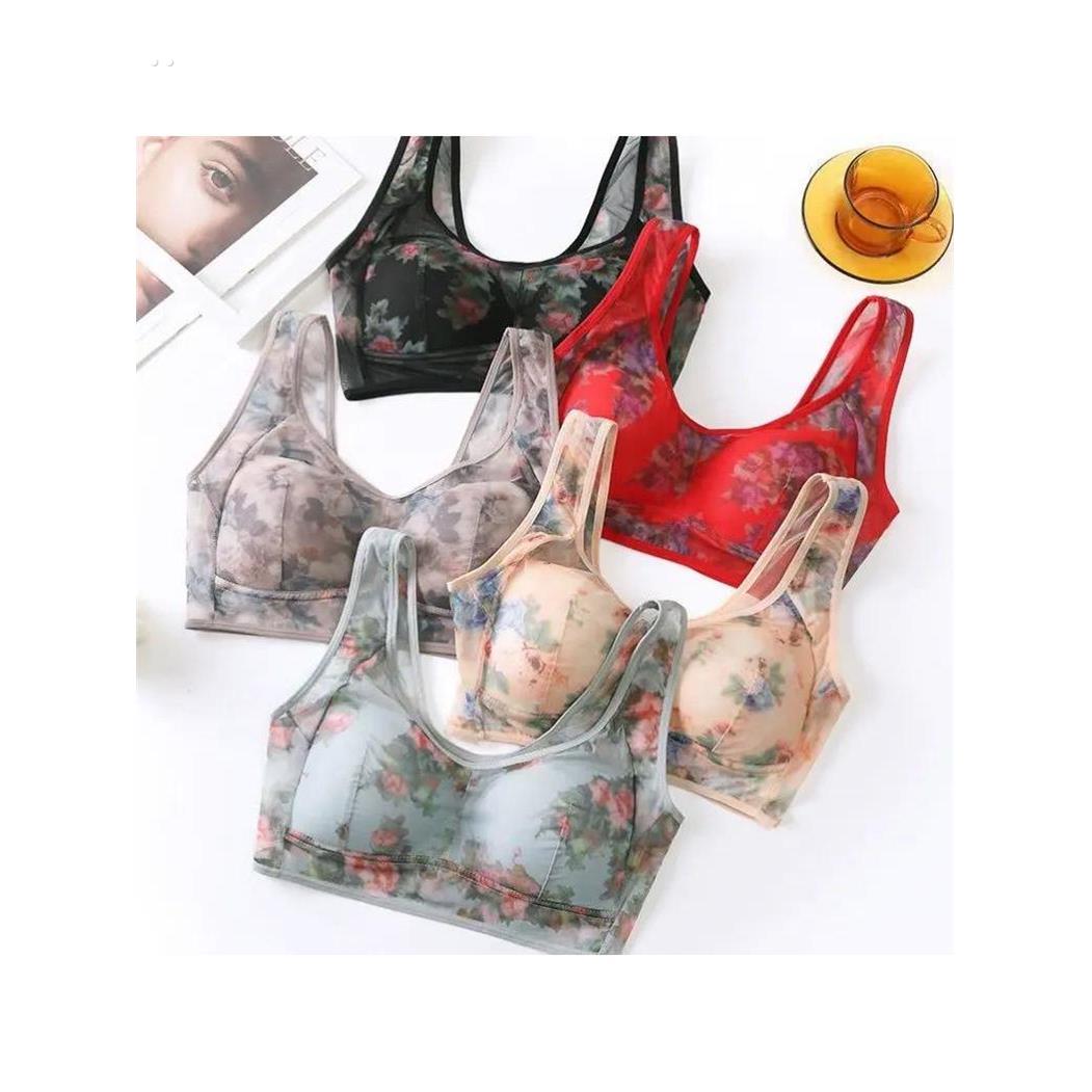 中年贵妇无痕运动内衣网纱透明印花背心全罩杯固定肩带无钢圈文胸