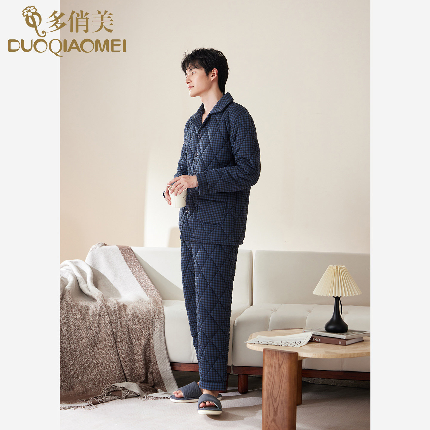 新款三层加厚夹棉袄子纯棉睡衣套装秋冬款保暖全棉休闲家居服男士