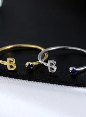 榕树下s925银字母彩色锆石戒指女简约精致爆款开口可调节指戒