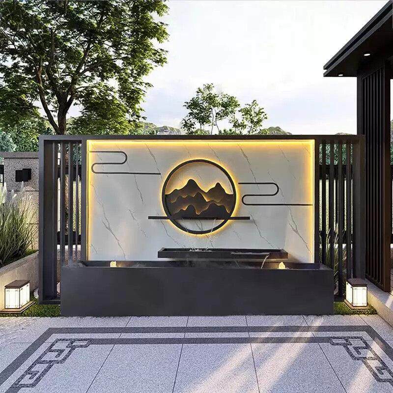 不锈钢水幕墙流水景观隔断屏风背景墙中式酒店玄关庭院影壁墙