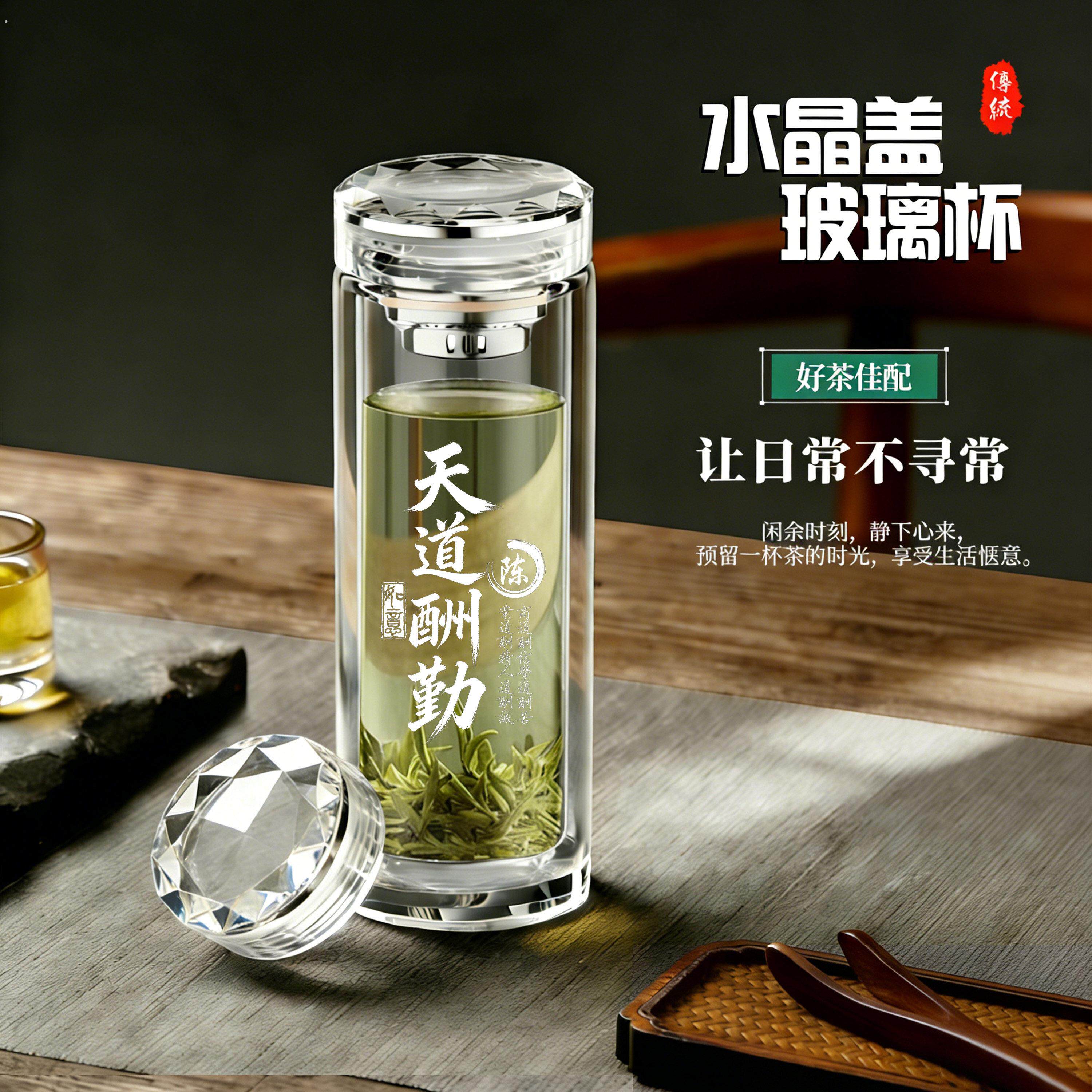 高档男士泡茶杯定制双层玻璃杯刻字水杯商务便携茶水分离送礼品杯