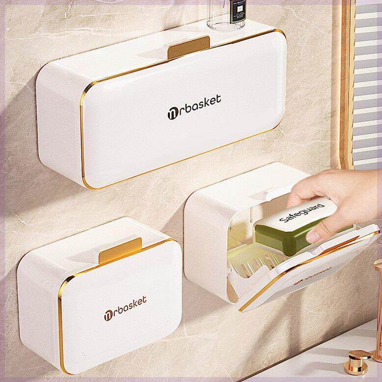 肥皂盒壁挂式免打孔家用沥水带盖卫生间高档翻盖双格放香皂置物架