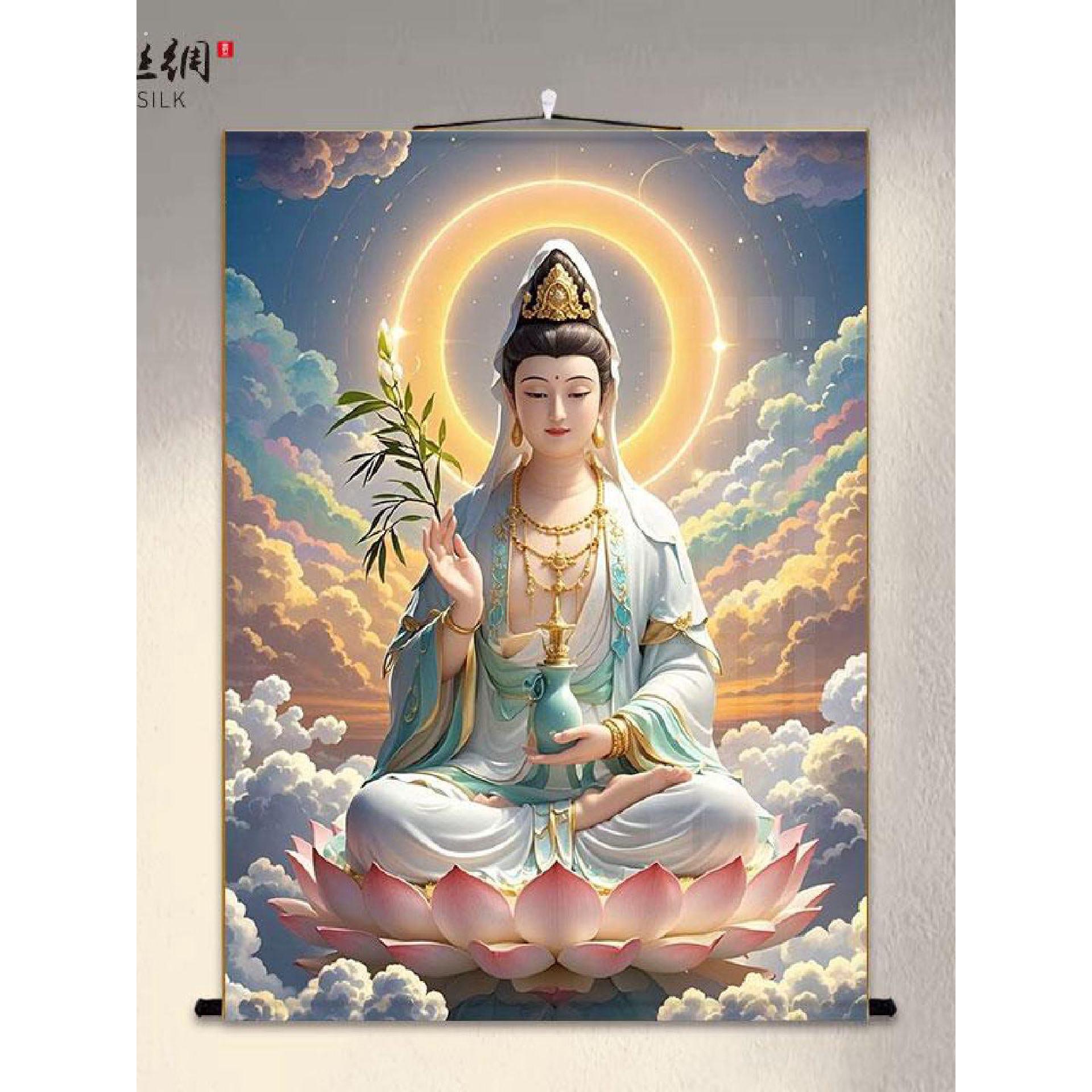 观音菩萨玄关挂画客厅装饰国画卷轴高清不掉色新中式背景墙画