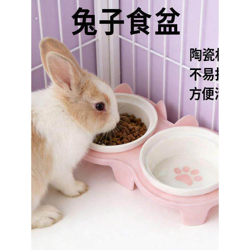 兔子食盆陶瓷双碗水碗高脚斜口侏儒粮碗防打翻专用宠物神器用品