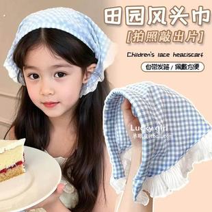 儿童发箍蓝色格子头巾女童森系头饰春夏季 头箍三角巾外出百搭发饰