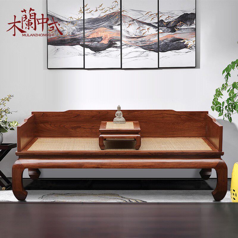 老榆木罗汉床 中式简约三围拼板全实木客厅沙发床 明清古典家具