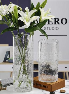 养竹子花瓶玻璃透明富贵竹竹银柳大号40cm高碎冰裂纹50cm冰裂