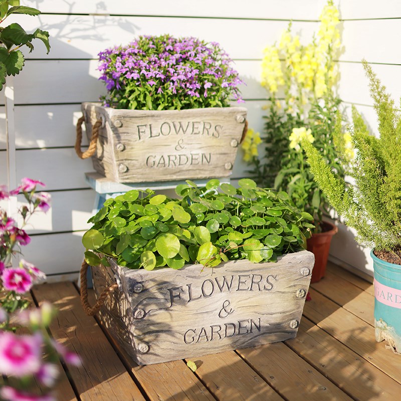 仿水泥花盆花器提手落地绿植盆别墅庭院阳台花园装饰摆件复古摆件