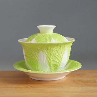 羊脂玉百财盖碗白瓷茶碗新品 茶具带盖子 创意家用白菜陶瓷功夫套装