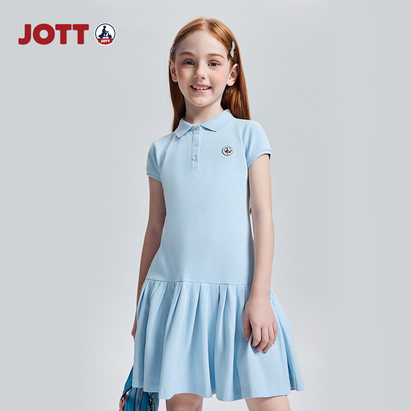 JOTT儿童全棉连衣裙休闲百搭时尚运动风短袖连衣裙女童翻领连衣裙