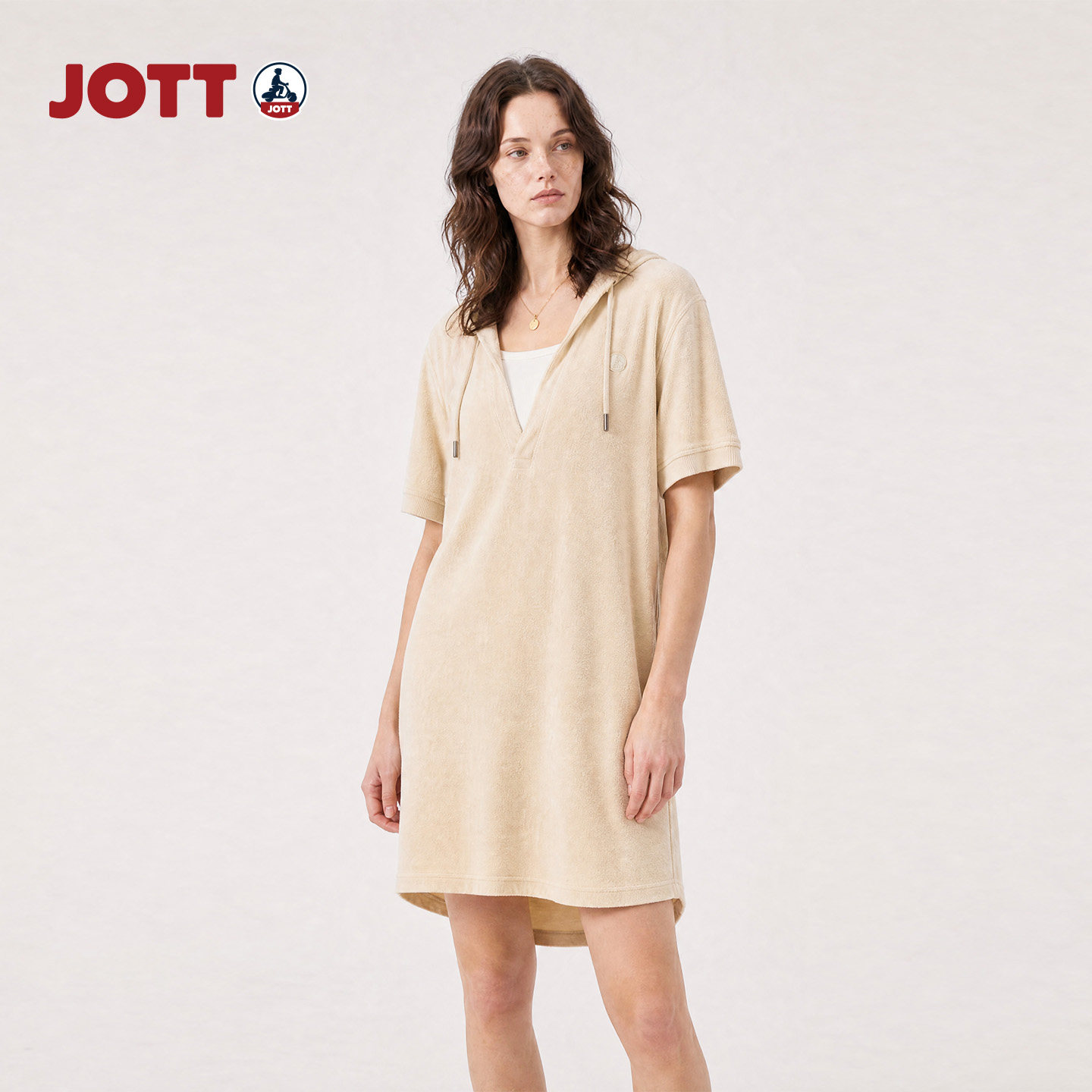 JOTT/淡淡的卡其色连衣裙 亲肤舒适毛巾面料 简约V领短袖裙子女夏