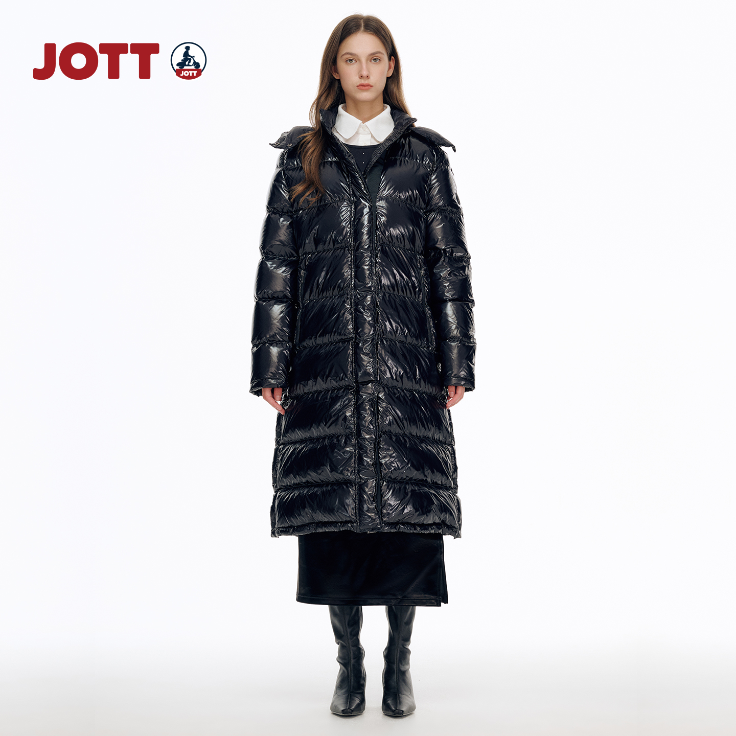 JOTT女士长款羽绒服休闲百搭时尚简约舒适潮流亮面羽绒服外套
