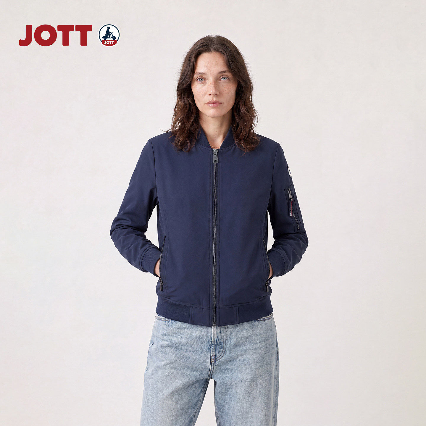 JOTT/海军蓝棒球领长袖夹克纯色简约品质上衣外套女士春秋直筒款