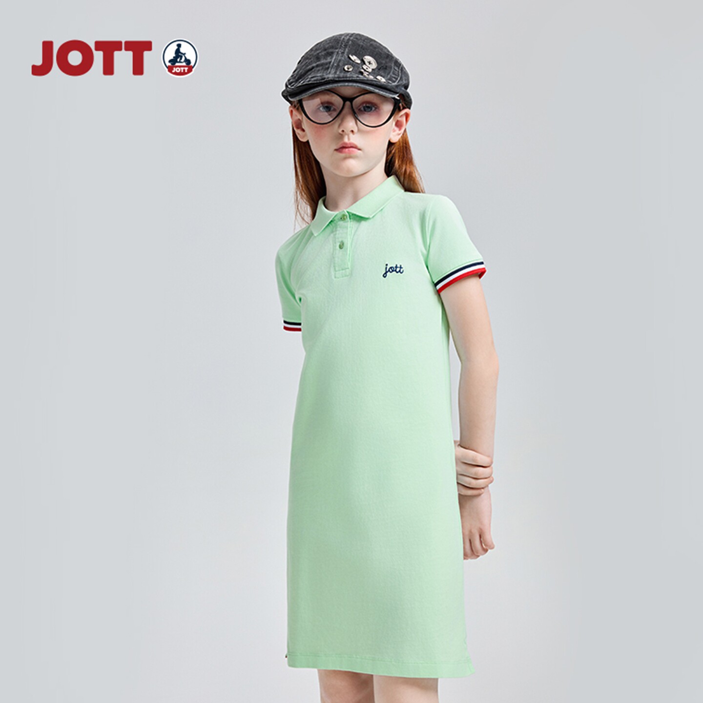 JOTT短袖翻领儿童polo连衣裙简约时尚纯色中长裙女童装夏季新款