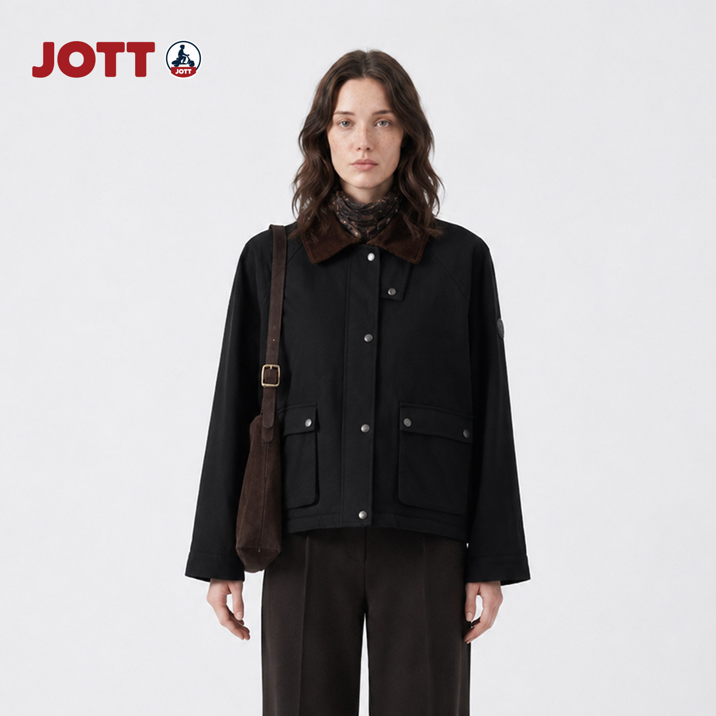 JOTT/工装撞色翻领夹克简约时尚黑色拼接长袖外套女士秋冬新款图片