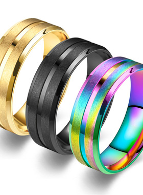 欧美新品 8MM宽中间凹槽磨砂男士不锈钢戒指欧美简约款饰品