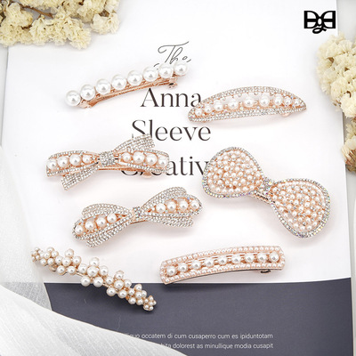 白色韩版弹簧夹珍珠发夹水钻镂空发卡大号蝴蝶结发饰简约新娘头饰