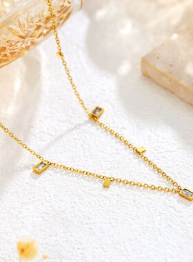 逸军新款不掉色方水晶流苏小众轻奢项链女夏锁骨链颈链配饰钛钢