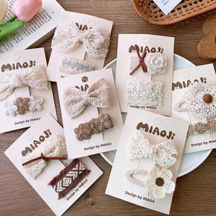 法式 复古风米白色布艺蕾丝发夹花边蝴蝶结毛线编织花朵刘海边夹女