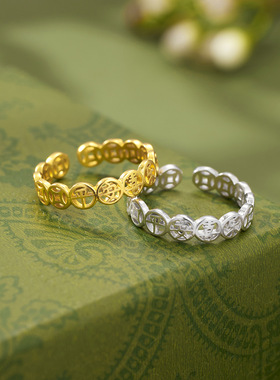 复古国潮平安喜乐铜钱戒指s925纯银镀金工艺招财钱币个性男女指环