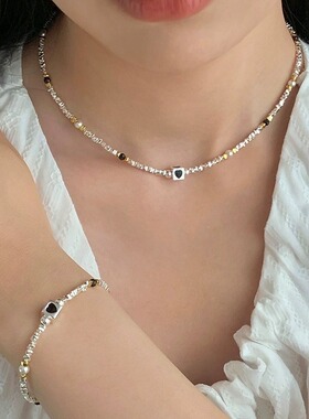 黑色爱心方块碎银子项链女锁骨链毛衣链简约轻奢小众设计感高级