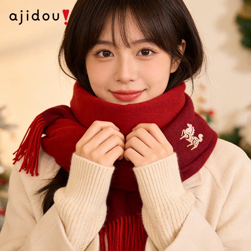 AJIDOU阿吉豆围巾100%绵羊毛本命年小马围脖女秋冬季加厚保暖披肩