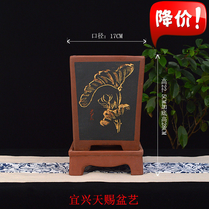 宜兴紫砂花盆正四方中国风绿萝兰花吊兰盆室内 底座