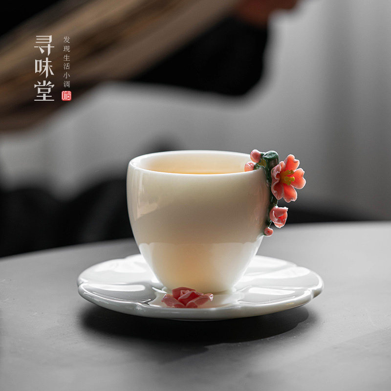 羊脂玉瓷捏花杯高手工单杯白瓷杯垫女士主人杯女生陶瓷茶具